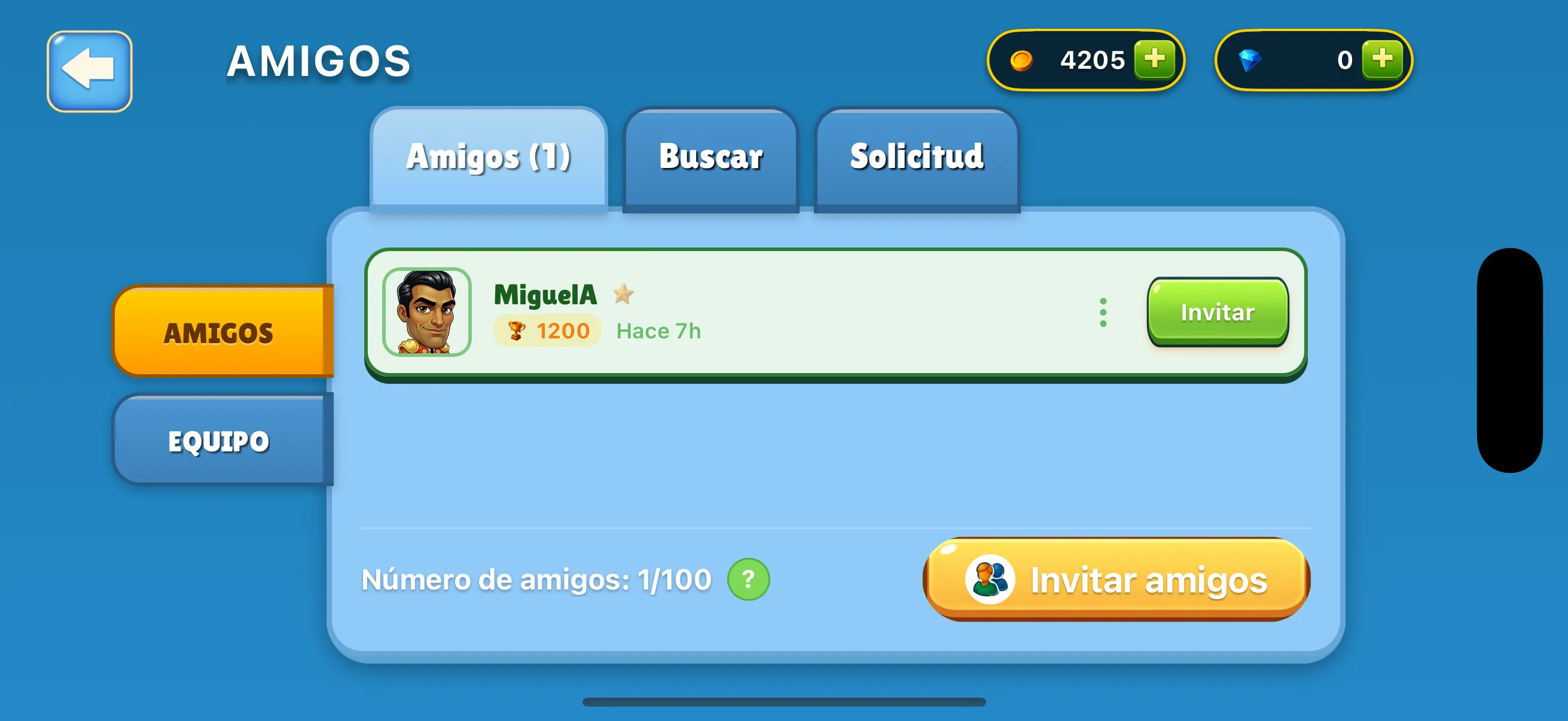 Pantalla de amigos y partidas privadas de Guiñote+