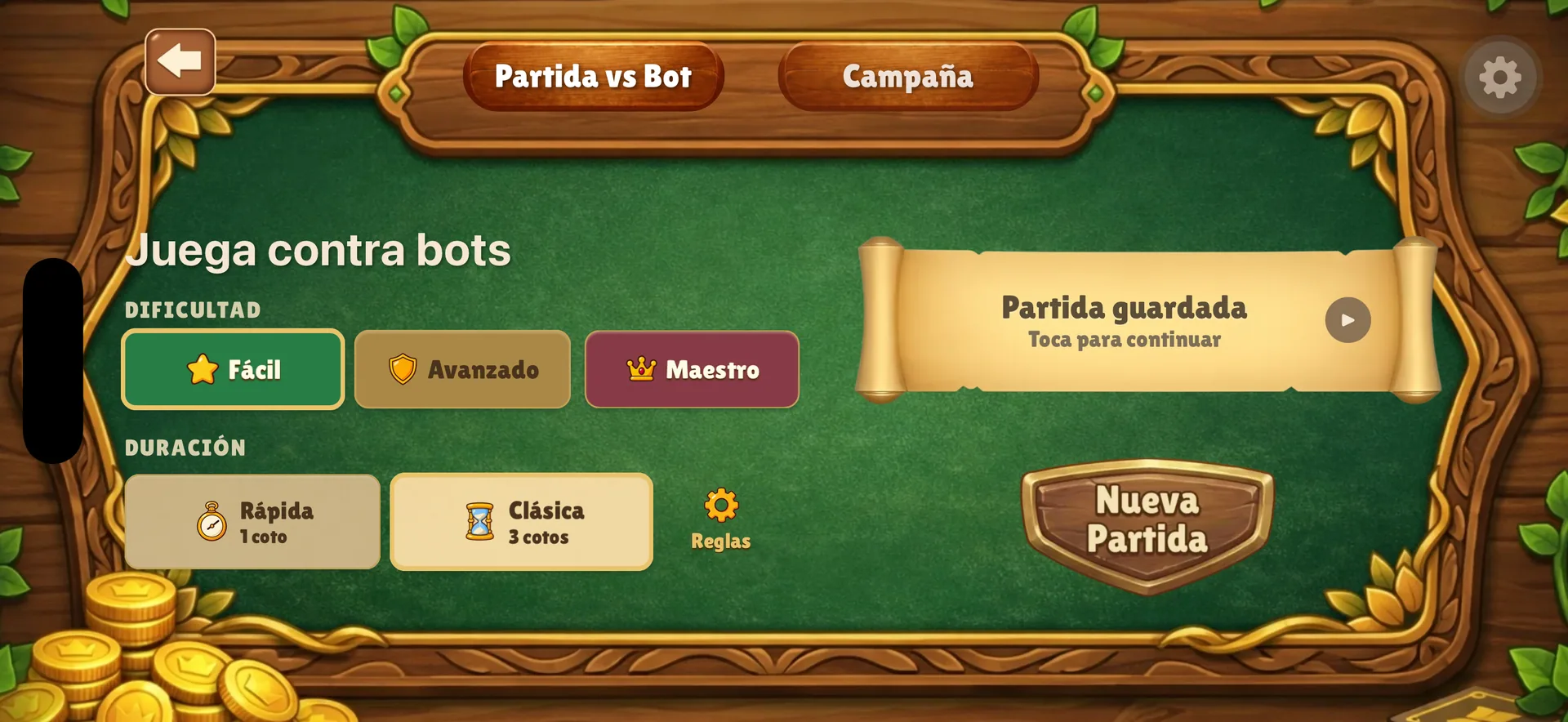 Configuración de una partida contra bots en Guiñote+